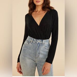 NWT MinkPink Black Ribbed V Neck Leila Body Suit size large